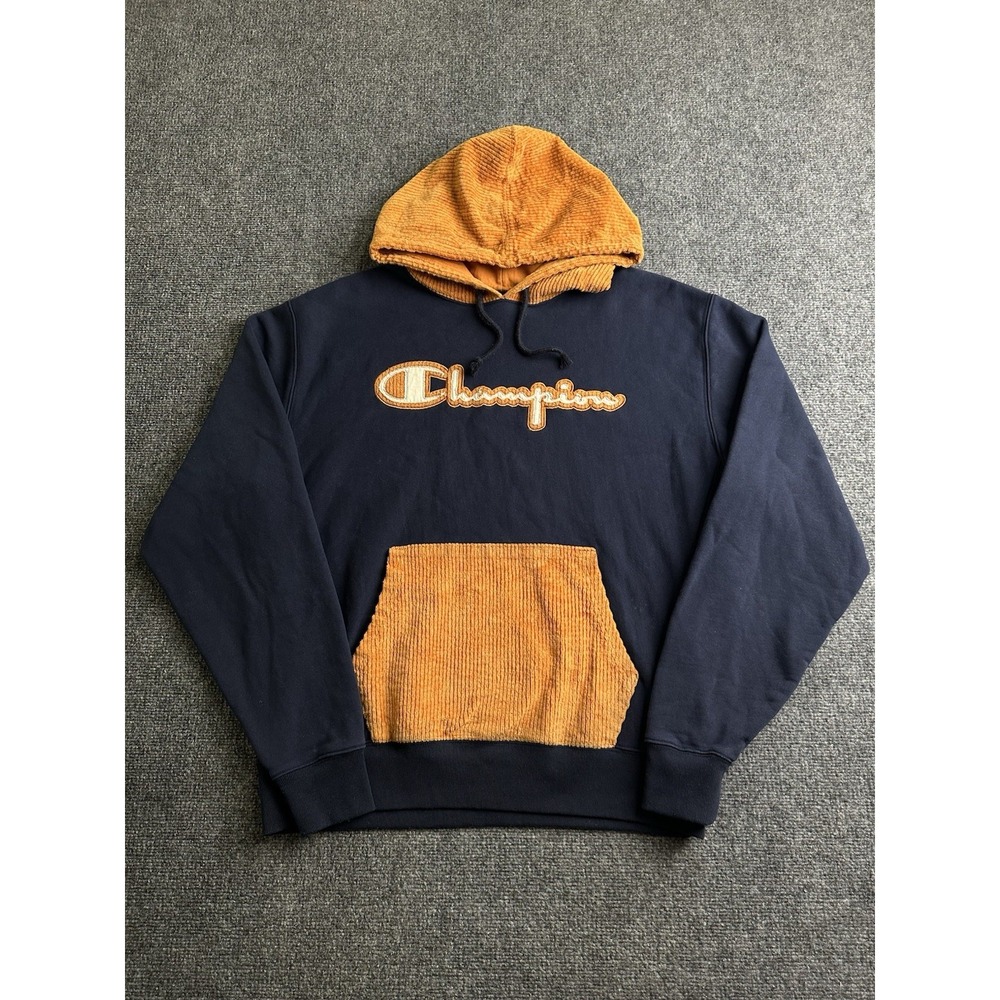 Men's Champion Navy Orange Corduroy Hood Pocket Pullover Hoodie, Size L